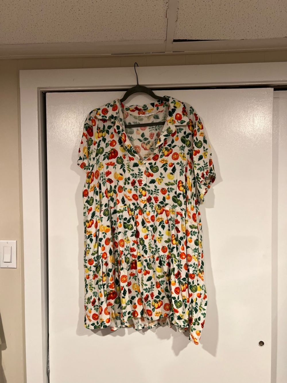 White Short Sleeve Floral Veggie Print Tiered Dress